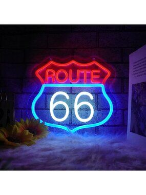 Route 66 Neon Sign Red Blue White Dimmable LED Route 66 Neon Light Gaming Theme